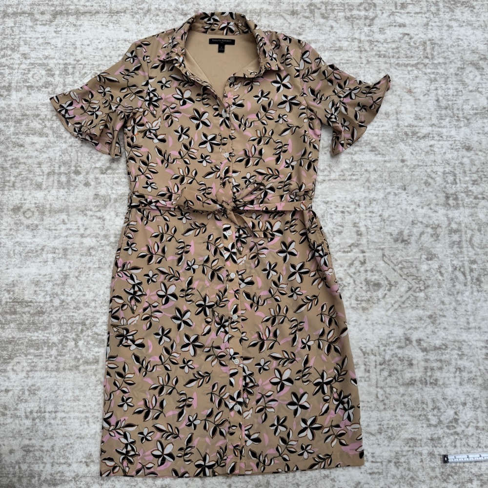 Banana‎ Republic Womens Floral Shirt Dress Tan Pink Black Belted Midi Size 0